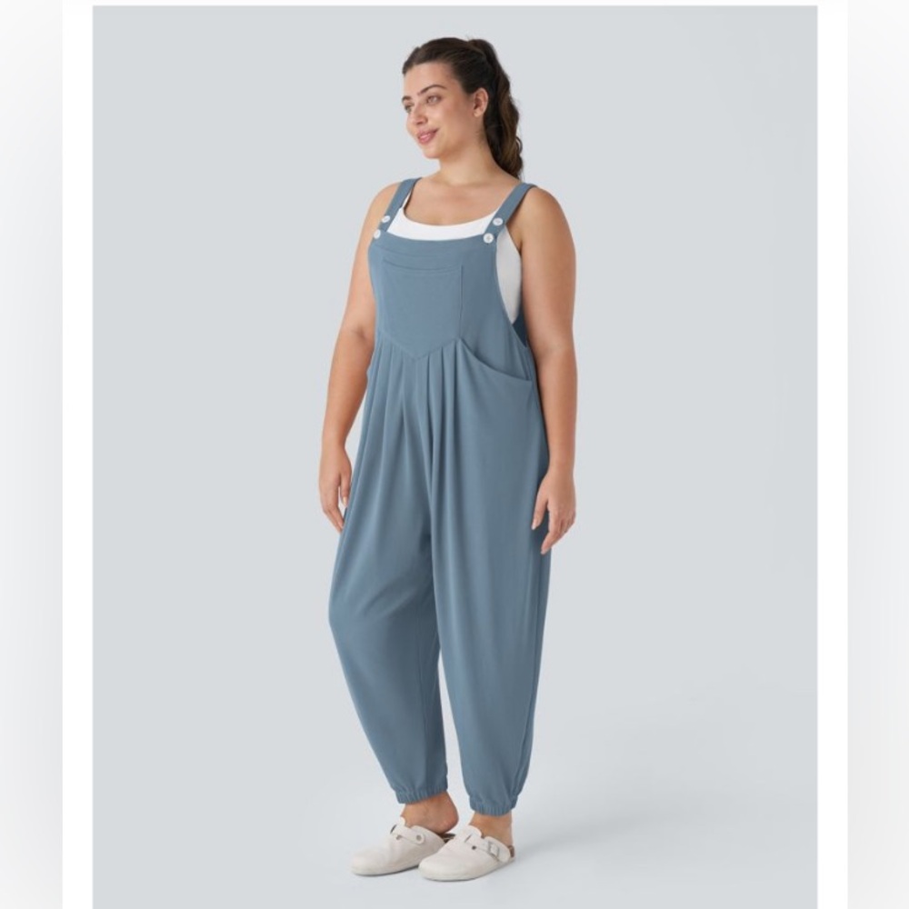 HALARA Slate Blue Pockets Waffle Casual Plus Size Jogger Overalls